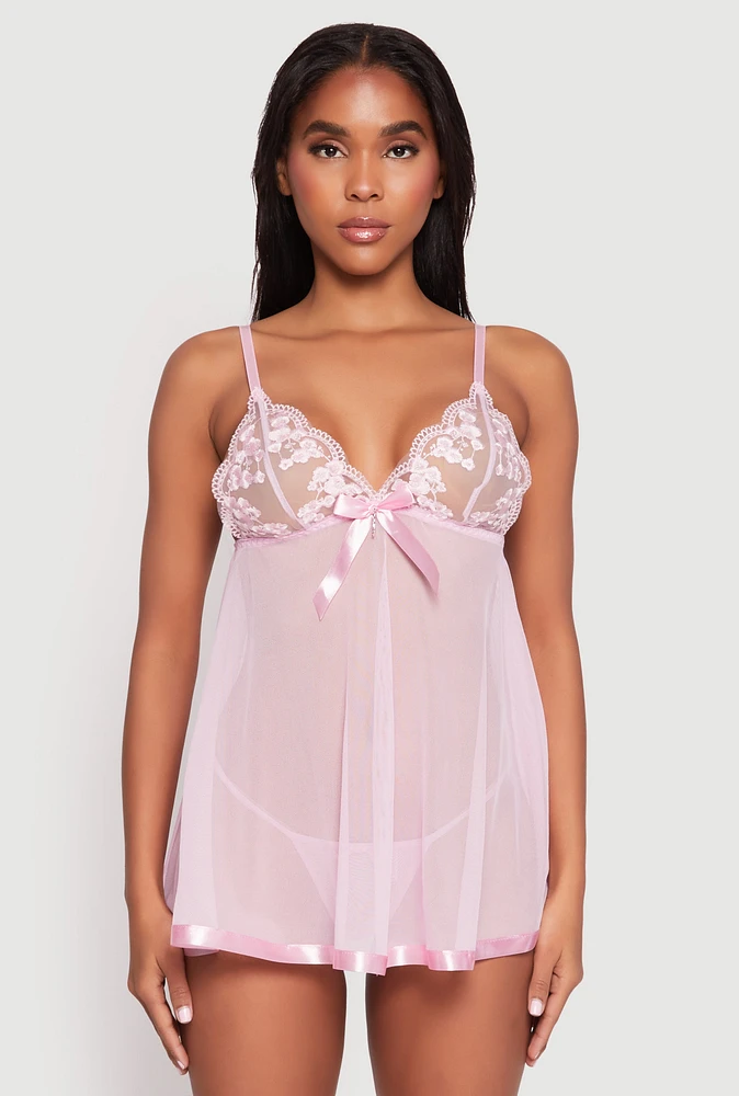 Womens Floral Embroidered Babydoll and G String, L