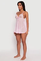 Womens Floral Embroidered Babydoll and G String, Pink,