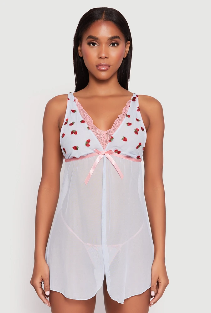 Womens Embroidered Strawberry Babydoll and G String, Blue, Size L