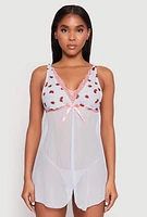 Womens Embroidered Strawberry Babydoll and G String, Blue, Size L