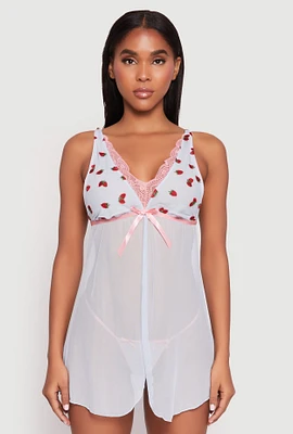 Womens Embroidered Strawberry Babydoll and G String, Blue, Size L