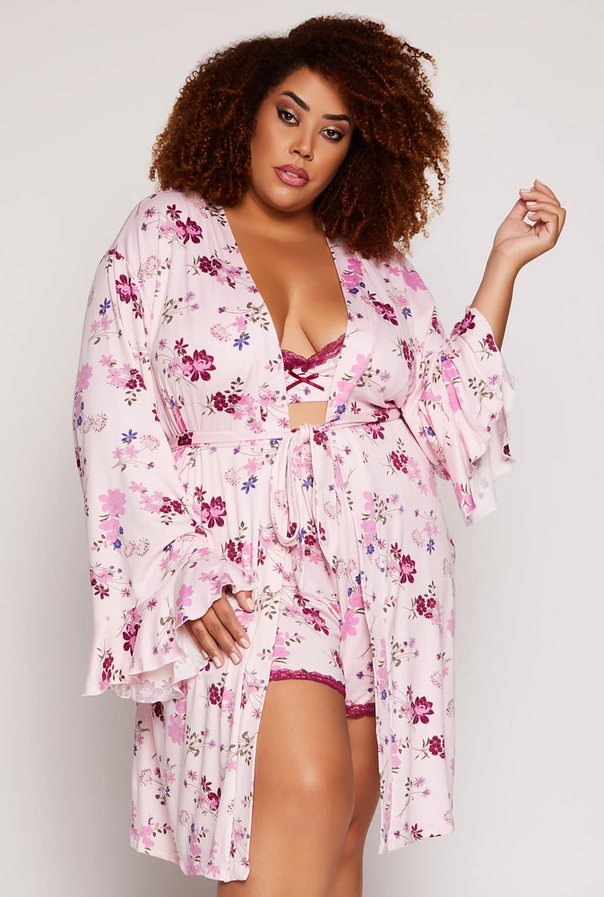 Womens Plus Size Floral Print Pajama Bralette and Shorts with Robe, Pink, Size 3X