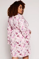 Womens Plus Size Floral Print Pajama Bralette and Shorts with Robe, Pink, Size 3X