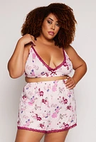 Womens Plus Size Floral Print Pajama Bralette and Shorts with Robe, Pink, Size 3X