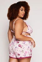 Womens Plus Size Floral Print Pajama Bralette and Shorts with Robe, Pink, Size 3X