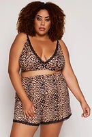 Womens Plus Size Leopard Print Pajama Bralette and Shorts with Robe, Brown, Size 3X