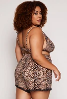 Womens Plus Size Leopard Print Pajama Bralette and Shorts with Robe, Brown, Size 3X