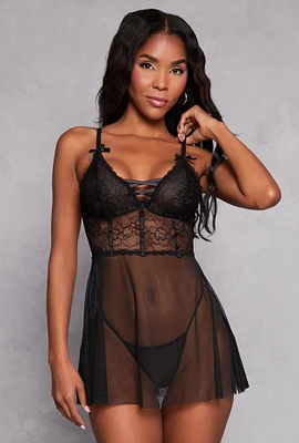 Womens Mesh Lace Detail Babydoll and G String, Black, Size S