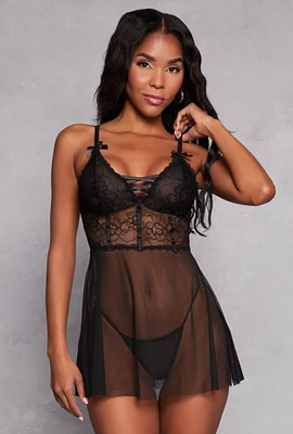 Womens Mesh Lace Detail Babydoll and G String, Black, Size L