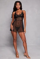 Womens Mesh Lace Detail Babydoll and G String, Black, Size XL