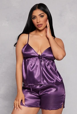 Womens Satin Pajama Babydoll Cami and Shorts, Purple,