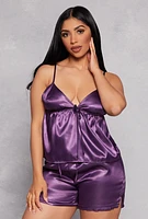 Womens Satin Pajama Babydoll Cami and Shorts, Purple,