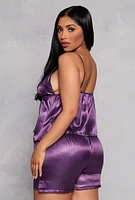 Womens Satin Pajama Babydoll Cami and Shorts, Purple,