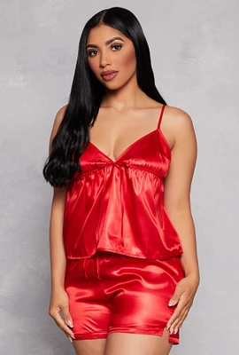 Womens Satin Pajama Babydoll Cami and Shorts, Red, Size S