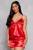Womens Satin Pajama Babydoll Cami and Shorts, Red, Size S
