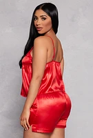 Womens Satin Pajama Babydoll Cami and Shorts, Red, Size S