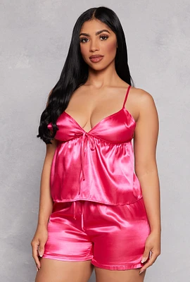 Womens Satin Pajama Babydoll Cami and Shorts, Pink, Size S