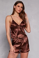 Womens Satin Pajama Babydoll Cami with Shorts, Brown, Size M