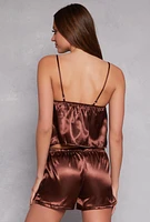 Womens Satin Pajama Babydoll Cami with Shorts, Brown, Size M