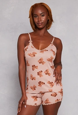 Womens Teddy Bear Print Pajama Cami and Shorts, Beige, Size L