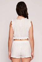 Womens Eyelet Ruffled Pajama Crop Top and Shorts, White, Size M