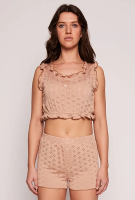 Womens Eyelet Ruffled Pajama Crop Top and Shorts,