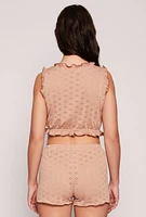 Womens Eyelet Ruffled Pajama Crop Top and Shorts,