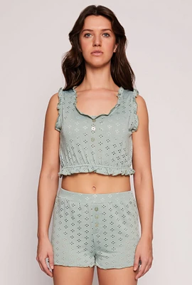 Womens Eyelet Ruffled Pajama Crop Top and Shorts,