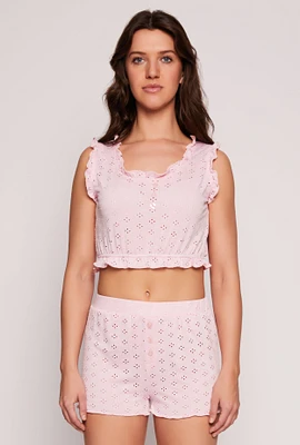 Womens Eyelet Ruffled Pajama Crop Top and Shorts, Pink,