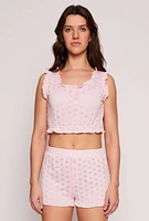 Womens Eyelet Ruffled Pajama Crop Top and Shorts, Pink,