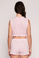 Womens Eyelet Ruffled Pajama Crop Top and Shorts, Pink,
