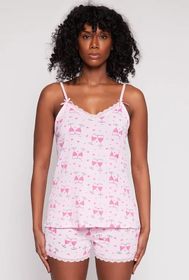 Womens Wine Glass Heart Print Pajama Cami and Pants, Pink, Size S