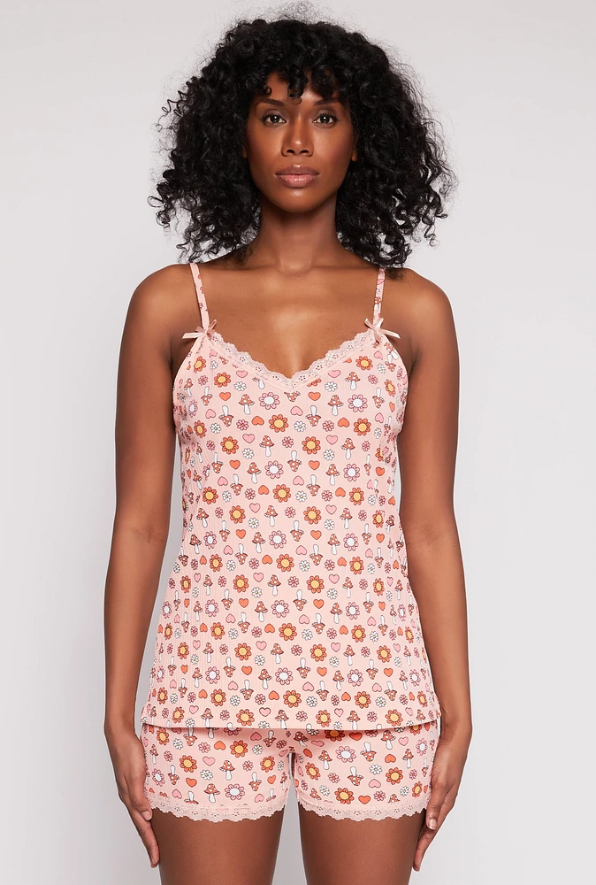 Womens Textured Floral Mushroom Print Pajama Cami and Shorts, Orange, Size M