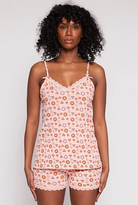 Womens Textured Floral Mushroom Print Pajama Cami and Shorts, Orange, Size M