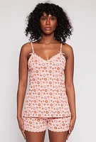 Womens Textured Floral Mushroom Print Pajama Cami and Shorts, Orange, Size M