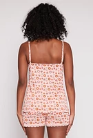 Womens Textured Floral Mushroom Print Pajama Cami and Shorts, Orange, Size M