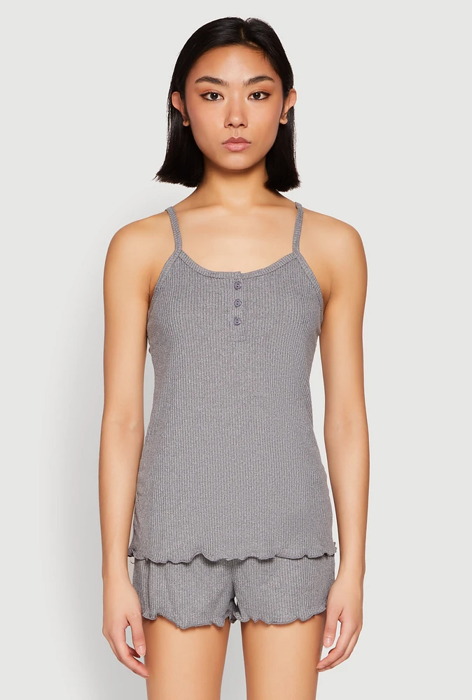 Womens Rib Knit Lettuce Edge Pajama Cami with Shorts,
