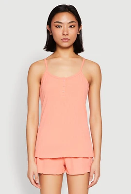 Womens Rib Knit Lettuce Edge Pajama Cami with Shorts, Orange, Size L