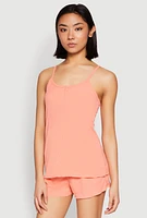 Womens Rib Knit Lettuce Edge Pajama Cami with Shorts, Orange, Size L