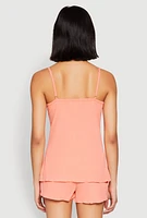 Womens Rib Knit Lettuce Edge Pajama Cami with Shorts, Orange, Size L