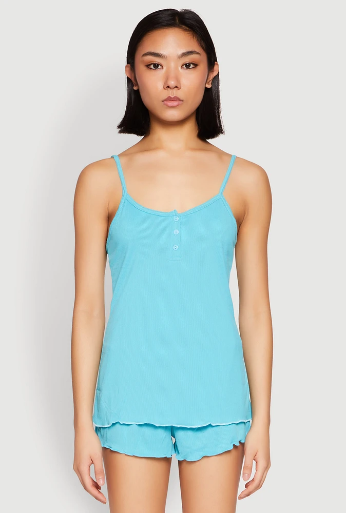 Womens Rib Knit Lettuce Edge Pajama Cami with Shorts, Blue, Size S
