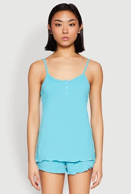 Womens Rib Knit Lettuce Edge Pajama Cami with Shorts, Blue, Size S