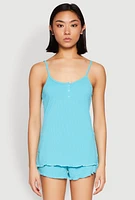 Womens Rib Knit Lettuce Edge Pajama Cami with Shorts, Blue, Size S