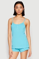 Womens Rib Knit Lettuce Edge Pajama Cami with Shorts, Blue, Size S