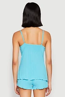 Womens Rib Knit Lettuce Edge Pajama Cami with Shorts, Blue, Size S