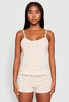 Womens Pointelle Printed Pajama Cami and Shorts Set, Beige, Size S