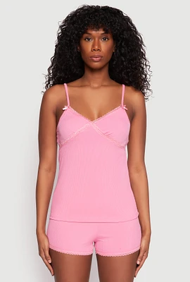 Womens Rib Knit Lace Trim Pajama Cami with Shorts, Pink, Size M