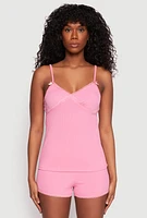Womens Rib Knit Lace Trim Pajama Cami with Shorts, Pink, Size M
