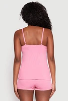 Womens Rib Knit Lace Trim Pajama Cami with Shorts, Pink, Size M
