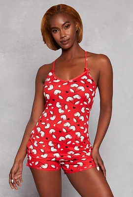 Womens Ribbed Knit Cherry Heart Pajama Cami and Shorts, Red,